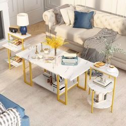 3 Pieces Living Room Table Set, Faux Marble Coffee Table with 2 Round End Side Tables, Coffee Table Set with Metal Frame for Apartment Home Office