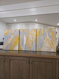 Abstract Gold and Gray Canvas Painting Triptych