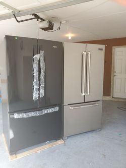 Black whirlpool French door.. stainless steel jenn-air counter depth fridges