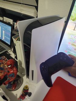 PlayStation 5 Console with Purple ps5 DualSense Controller and ps4 controller