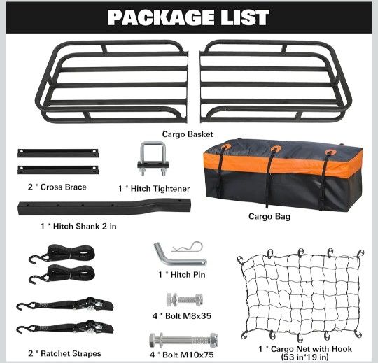 WEIZE Folding Hitch Mount Cargo Carrier Basket 53" X 19" + Waterproof Cargo Bag, Hauling Weight Capacity of 500 Lbs fit on 2 Inch Receiver, with Hitch