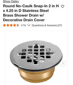 Oatey Round No-Caulk Snap-In 2 in H x 4.25 in D Stainless Steel Brass Shower Drain w/ Decorative Drain Cover
