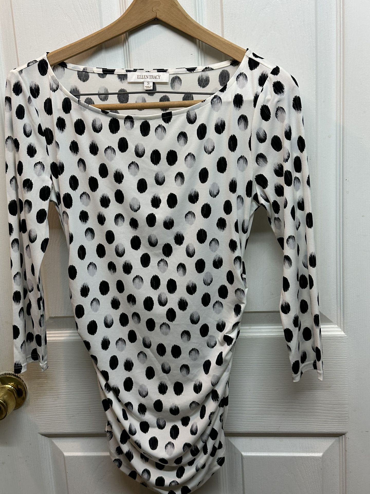 Ellen Tracy Polka Dot Blouse Top 3/4 Sleeves Rushing Side Size S Good Condition