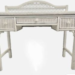 VINTAGE HENRY LINK WHITE WICKER DESK / VANITY WITH GLASS TOP
