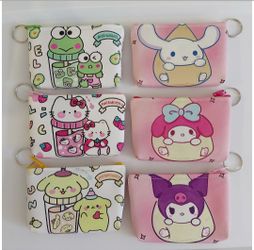 6 PCS Lot Sanrio Characters Theme Coin Purse W/Keyring  Party Favors Kuromi Melody Keroppi Hello Kitty Pompom