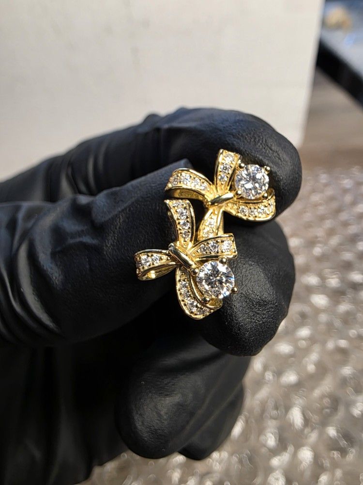 SS925 Moissanite Diamonds Ribbons Earrings Gold Over