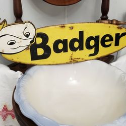 Vintage BADGER Farm Equipment Advertising Sign - Green Back And Embossed