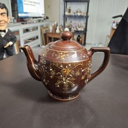 Vintage Early To Mid 20th Century Brown Betty Redware With Moriage Detailing Teapot Hand-painted Enamel Made In Japan 5.5"H X 8.75"W