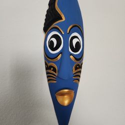 Hand-Carved Kenyan Wooden Mask Set (2) - Vibrant Blue & Gold!