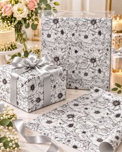 Black & White Floral Wrapping Paper 8 Sheets 20x28 Botanical Gift Wrap New