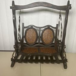 Antique French Cane Back Doll Swing Chair Swing Bench Wood Rattan & Metal Swing. some cosmetic blemishes. There blemishes are in the form of scratches