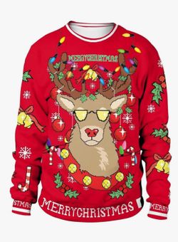 Unisex Size S  Ugly Christmas Red Reindeer. 100% Polyester. Colorful House.