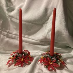 Vintage Poinsettia/Holly Taper Candle Holders