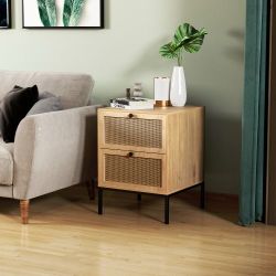 Set of 2 - Natural Wood Rattan Nightstands w/ 2-Drawers & Black Metal Legs [NEW]  <Assembly Req>
