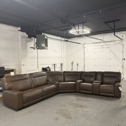 (Free Delivery) New Brown Leather Atlas Power Sectional Sofa Couch