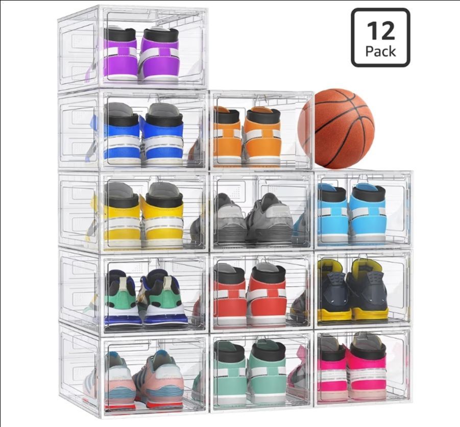 XX-Large Clear Shoe Storage Boxes with Magnetic Door, Thickened Stackable Shoe Organizer 12 Pack, Sneaker Display Case for Closet Organization & Entry