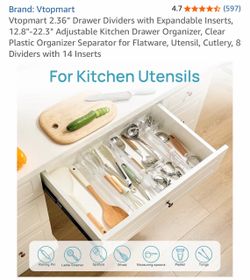 Vtopmart 2.36” Drawer Dividers with Expandable Inserts, 12.8"-22.3" Adjustable Kitchen Drawer Organizer, Clear Plastic Organizer Separator for Flatwar