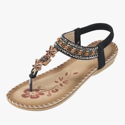Womens Summer Flats Sandals: Comfortable Bohemian Beaded Dressy Casual Ankle Strap Elastic Slip on Beach Shoes