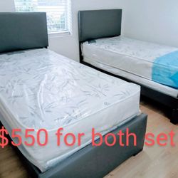 $550 For 2 Gray Set Of Twin Bed With Mattress And Boxspring Brand New Free Delivery 