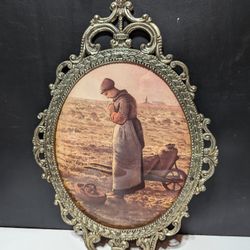 Vintage Framed Artwork of Woman in Field Ornate Metal Frame 17.5" Tall Antique