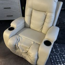 Beige Leather Recliner with Massage + Cup Holders