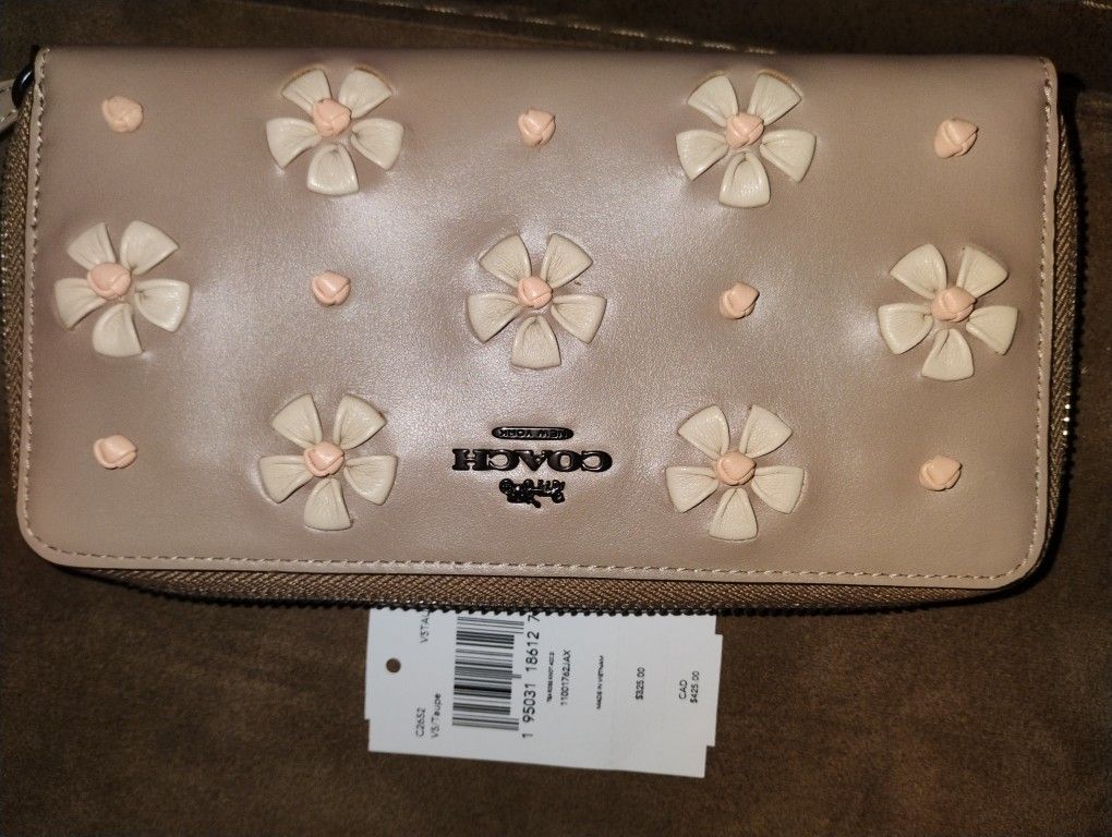 Taupe Coach Flower Embellished Wallet Nwt