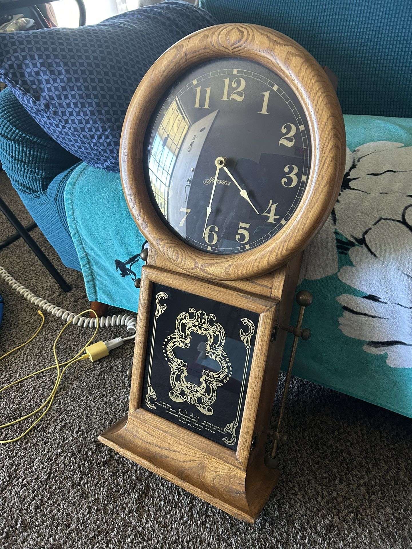 Hoursakes Wall Clock Quarts Pendulum Movement Oak Case Pacific Railroad Train Tribute