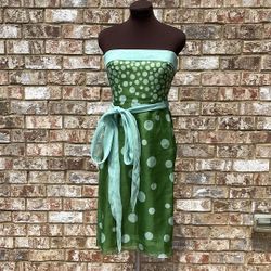 Kay Unger Corset Polka Dots Green Belted 100% Silk Strapless Dress Size 4
