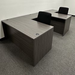 Brown L Shaped Desk With Pedestal 
