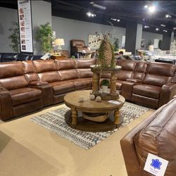 Brown Leather Sofa Sectional W/ Power Recliners
