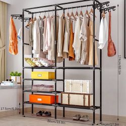 STONCEL 5-Tiers Metal Garment Rack, Heavy Duty Clothing Rack Wardrobe Closet with Shelves and 4 Side Hook , Black Compact Armoire Storage Rack, 33.8"L