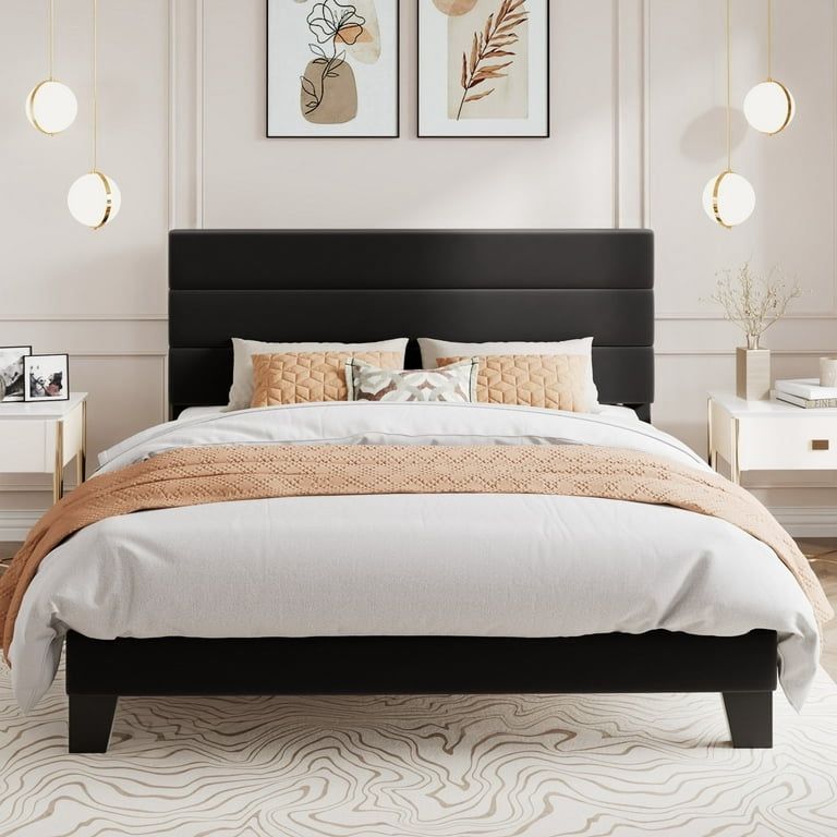 Christmas Promotion Queen Bed Frame, Platform Bed Frame with Velvet Upholstered Headboard, Black