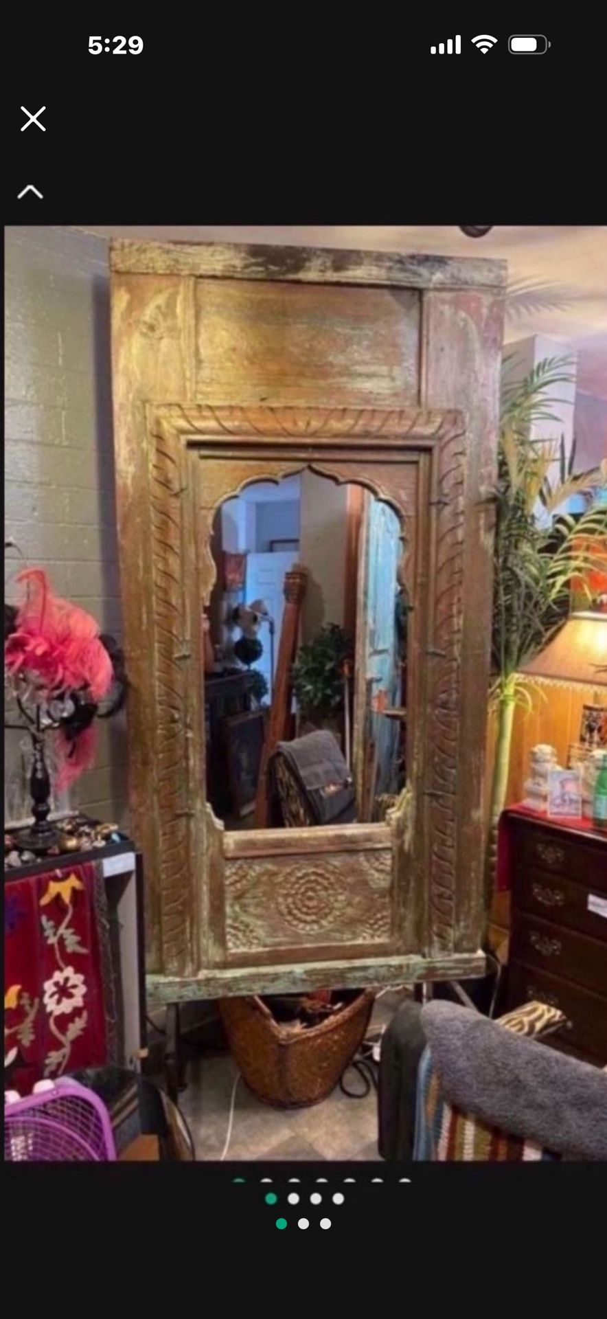 Antique Large, Beautiful Carved Wood Mirror With Metal Base Standing