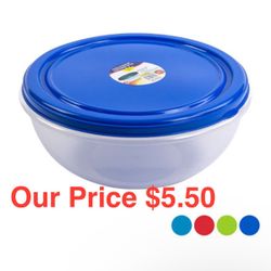 Food Storage Bowl - Large 6.5 Litre / 6.875 QT - 4 Lid Colors, Clear Bottom - Airtight & Durable
