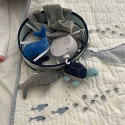 Pottery Barn Crib Boy Whale Set ( Blanket, Crib Skirt And Crib accessories)