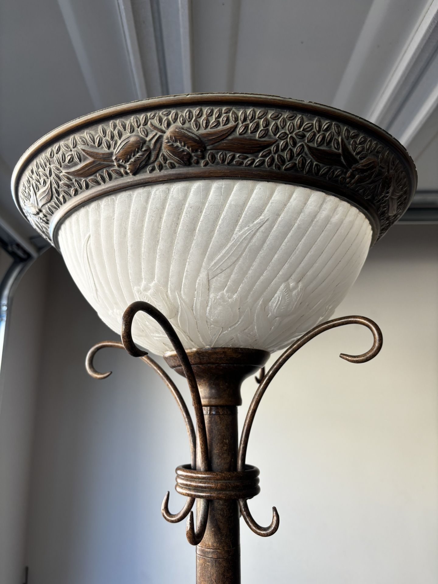 Vintage Bronze Torchiere Floor Lamp – Heavy, Etched Glass Shade