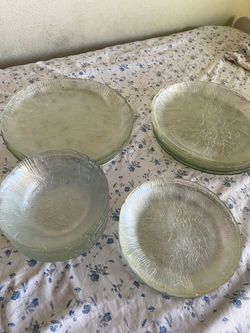 Clear Embossed Glass Plates and Bowl Set