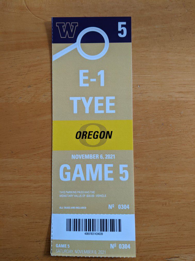 UW Husky Football E1 Parking Pass, Oregon game
