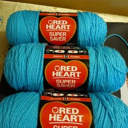 Red Heart Super Saver 7 Oz Skeins Lot Of Three. Turquoise