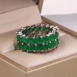 Valentine's Day Emerald Crystals Leaves Silver Ring