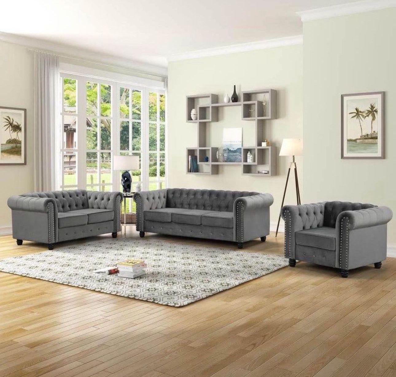 Chesterfield Furniture Sets 3 pieces - Velvet Grey，sofa Loveseat And Chair , Couches 