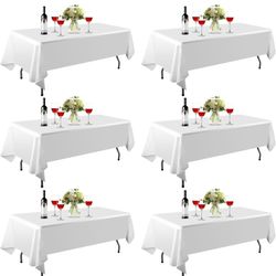 EMART 6 Pack Rectangle Table Cloth, 60 x 102 inch White 100% Polyester Thickened Fabric for Banquet Wedding Party Rectangular Tablecloths, Stain Resis