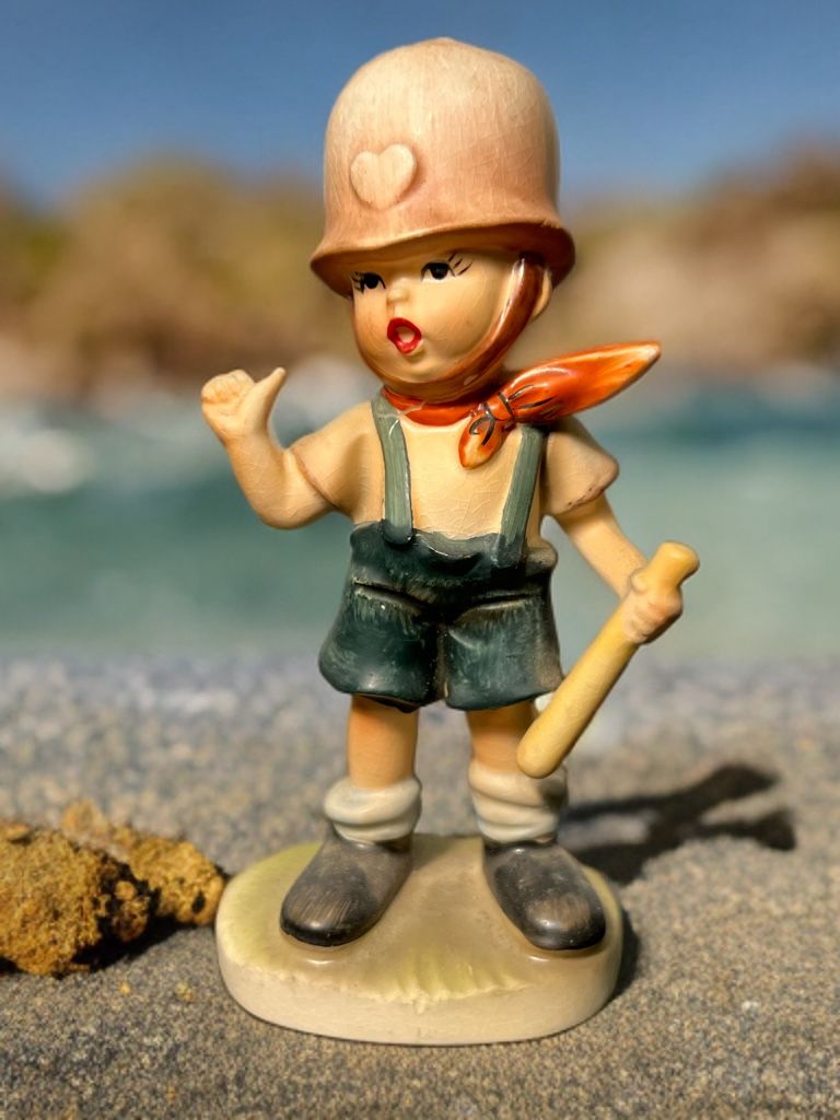 Japan 1960s Hand-Painted Porcelain Hummel-Style Boy With Stick Figurine, 6”