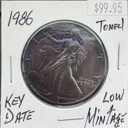 1986 1 oz Silver American Eagle BU Artificial Toning