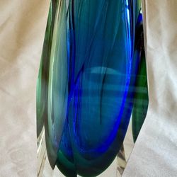 Murano Vintage Blue Green Multi Faceted Glass Vase