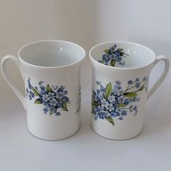 Vintage Windsor Bone China Mugs Set of 2 Forget-Me-Not Blue Floral England