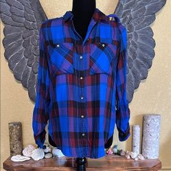 Dynamite Blue and Red Plaid Button-Up Shirt
