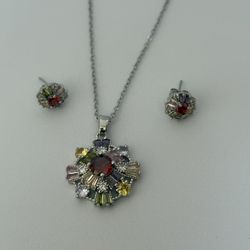 Multi Color Zirconia Silver Necklace Earring Set-Stud Earring Pendant Set Gift