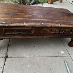 Wood Coffee Table With Rustic Industrial Iron Accents 2 Drawers Storage