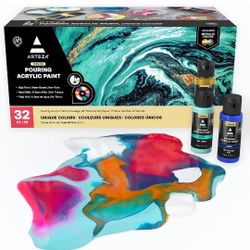 ARTEZA Acrylic Pouring Paint Set of 32, 2 ounce Bottles, Assorted Colors, High Flow Paint, Art Supplies